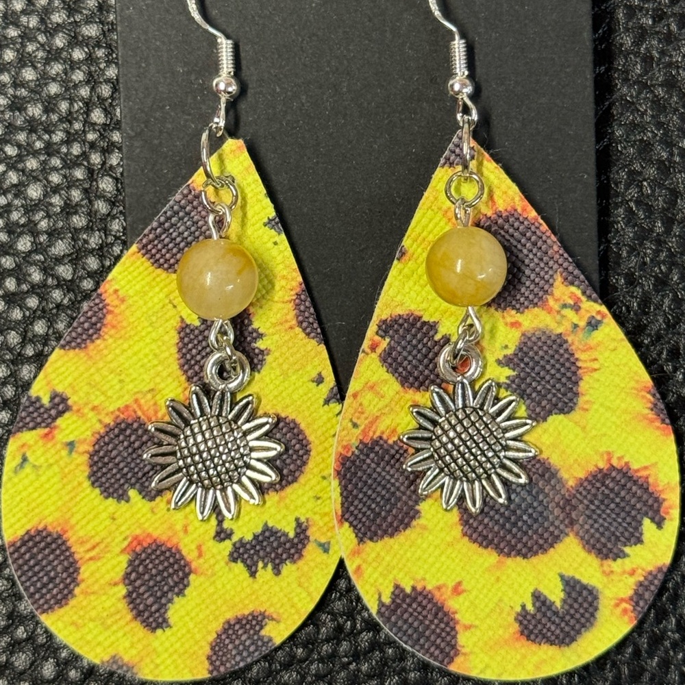 Sunflower Faux Leather Earrings with Silvery Charms